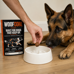 Dog with a WoofCore supplement and a white bowl on a wooden floor