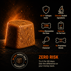 Dog treat with health benefits and product details on a dark background