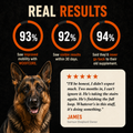 Dog with Woofcore product results and customer testimonial on a black background