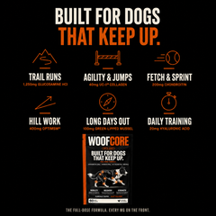 Product packaging for 'WoofCore' with text about dog supplements on a black background