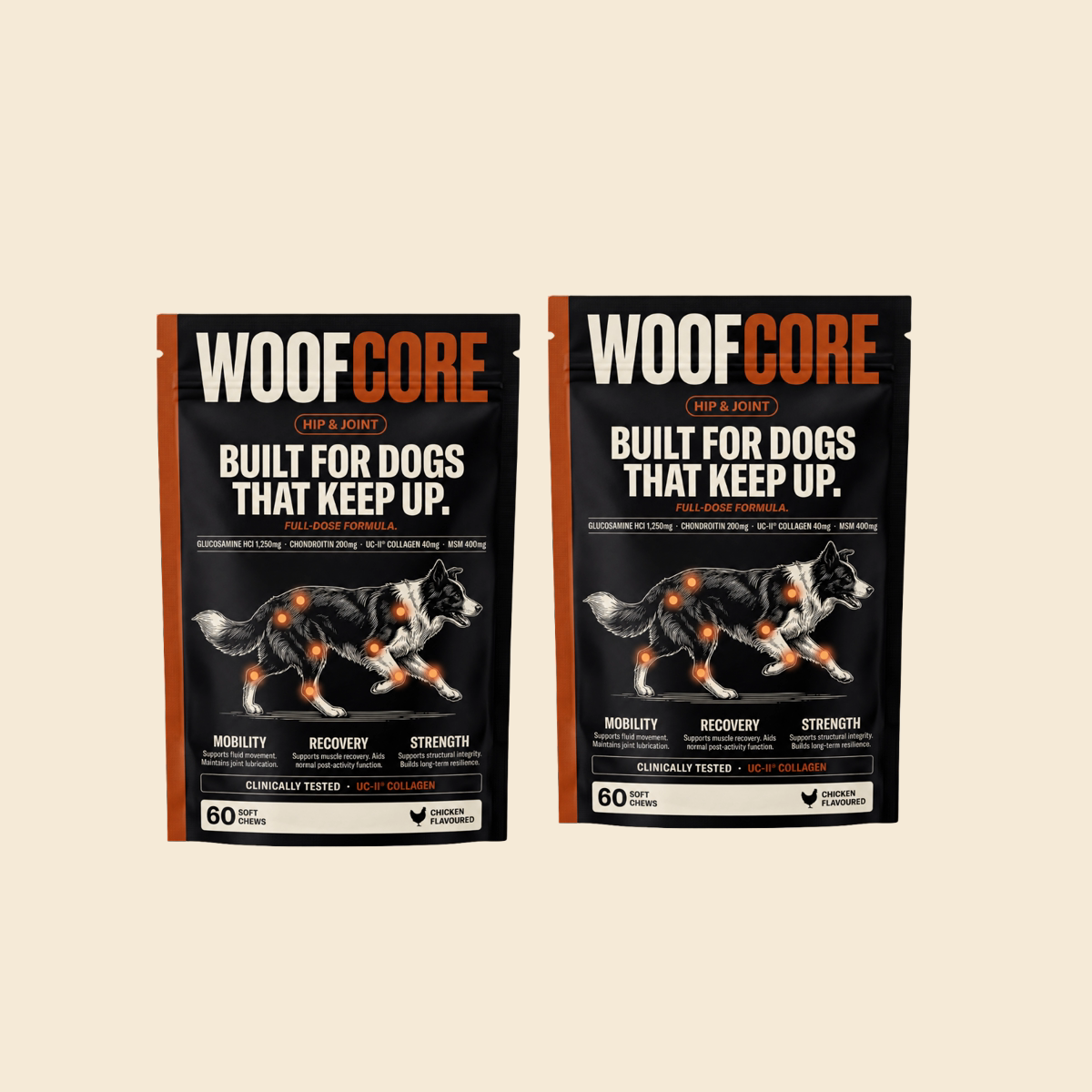 WoofCore 120 chew bundle with two 60 chew pouches
