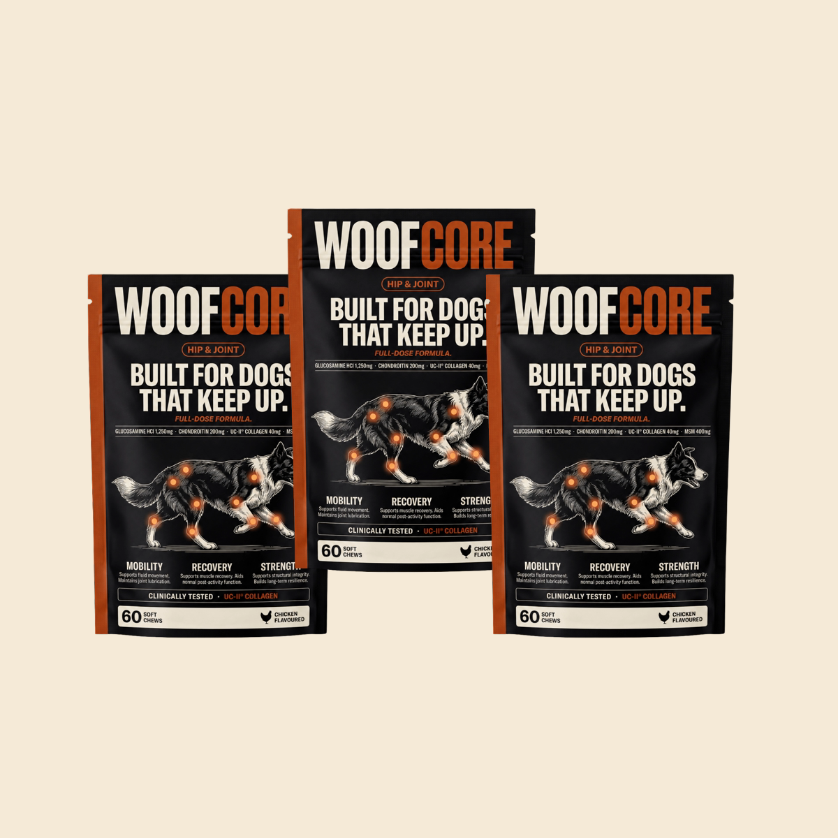 WoofCore 180 chew bundle with three 60 chew pouches