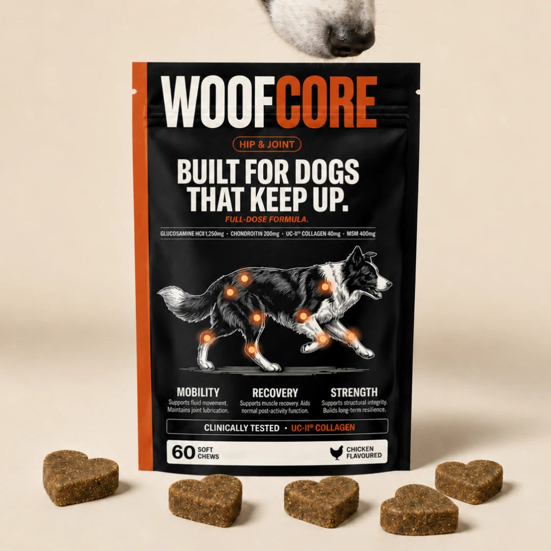 A stand-up pouch of WoofCore dog joint supplement placed on a beige surface, with several brown heart-shaped dog treats arranged around it and part of a dog's snout visible at the top edge. The package is black with orange side panels and white/orange branding, and the front shows a dog illustration with glowing orange joint highlights.
