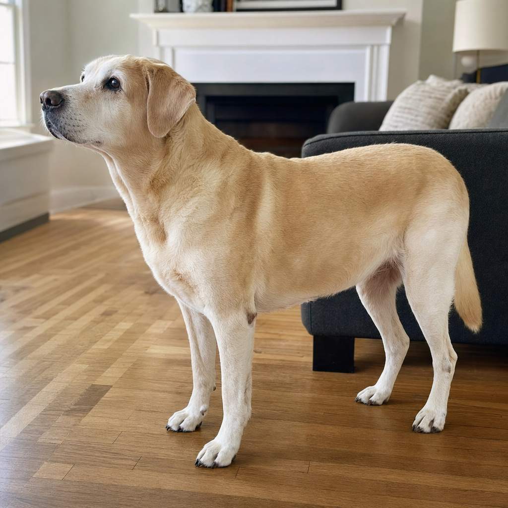 Yellow labrador standing confidently, full mobility