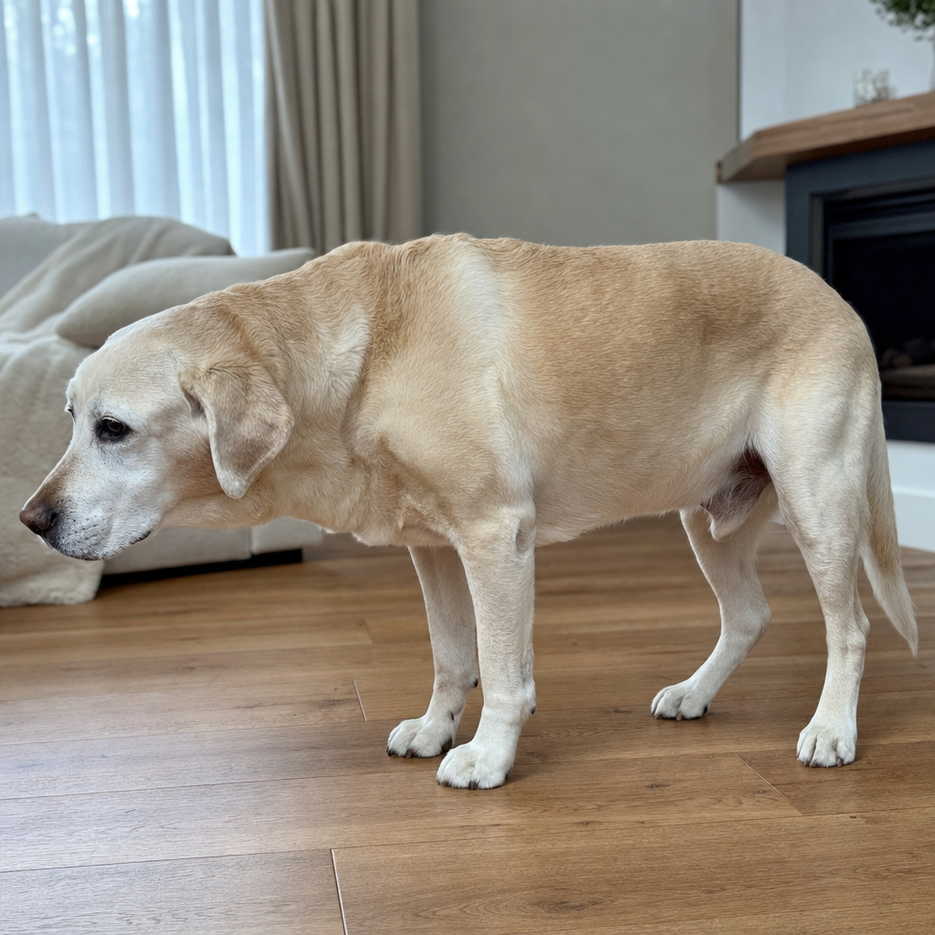 Yellow labrador at rest, posture slightly stiff