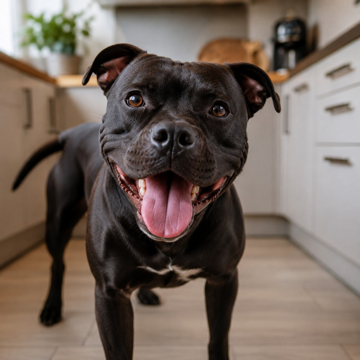 Black Staffy in a sunlit kitchen