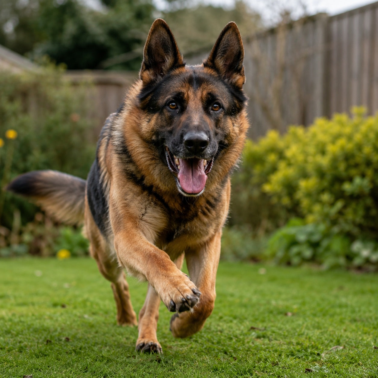 German Shepherd mid-run on a sunny garden lawn