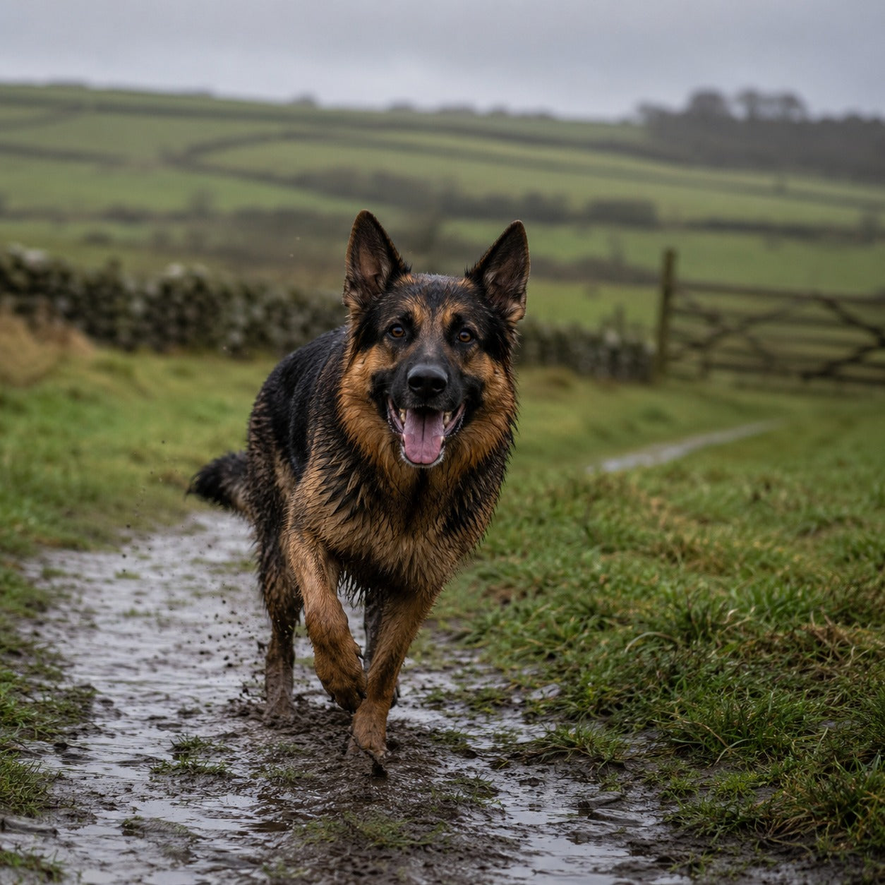 German Shepherd jogging on a muddy path