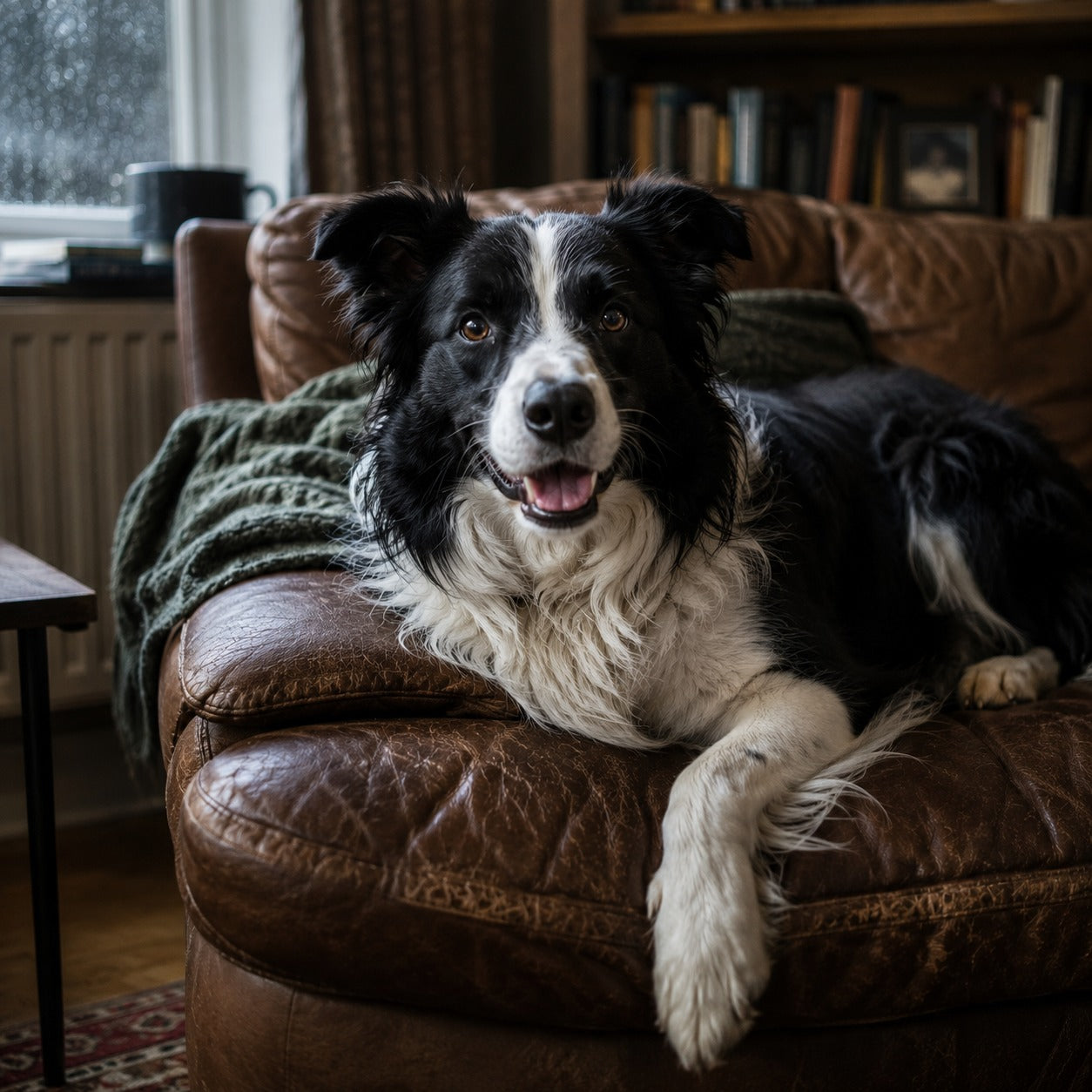 Border collie resting on a leather couch