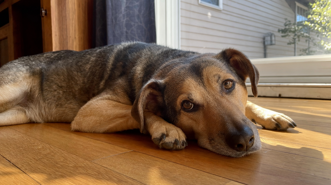 A dog at rest on a hardwood floor