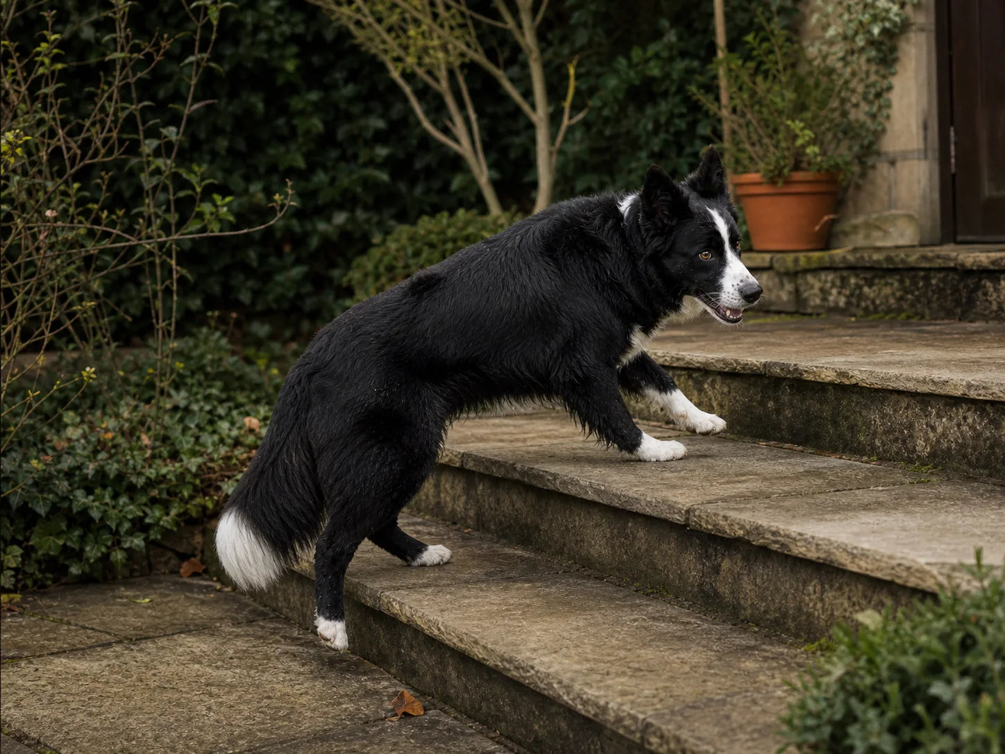 A Border Collie climbing shallow garden steps
