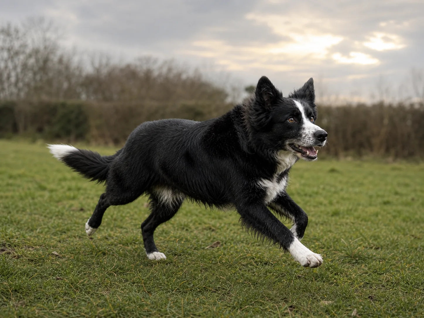 A Border Collie running across grass