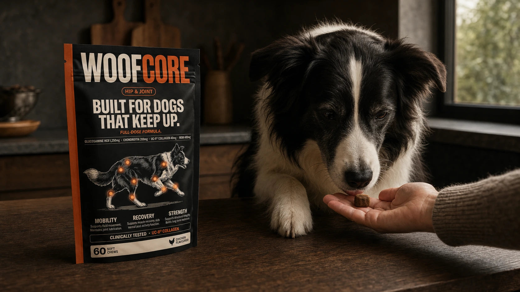 A Border Collie taking a soft chew from an open hand beside a WoofCore pouch