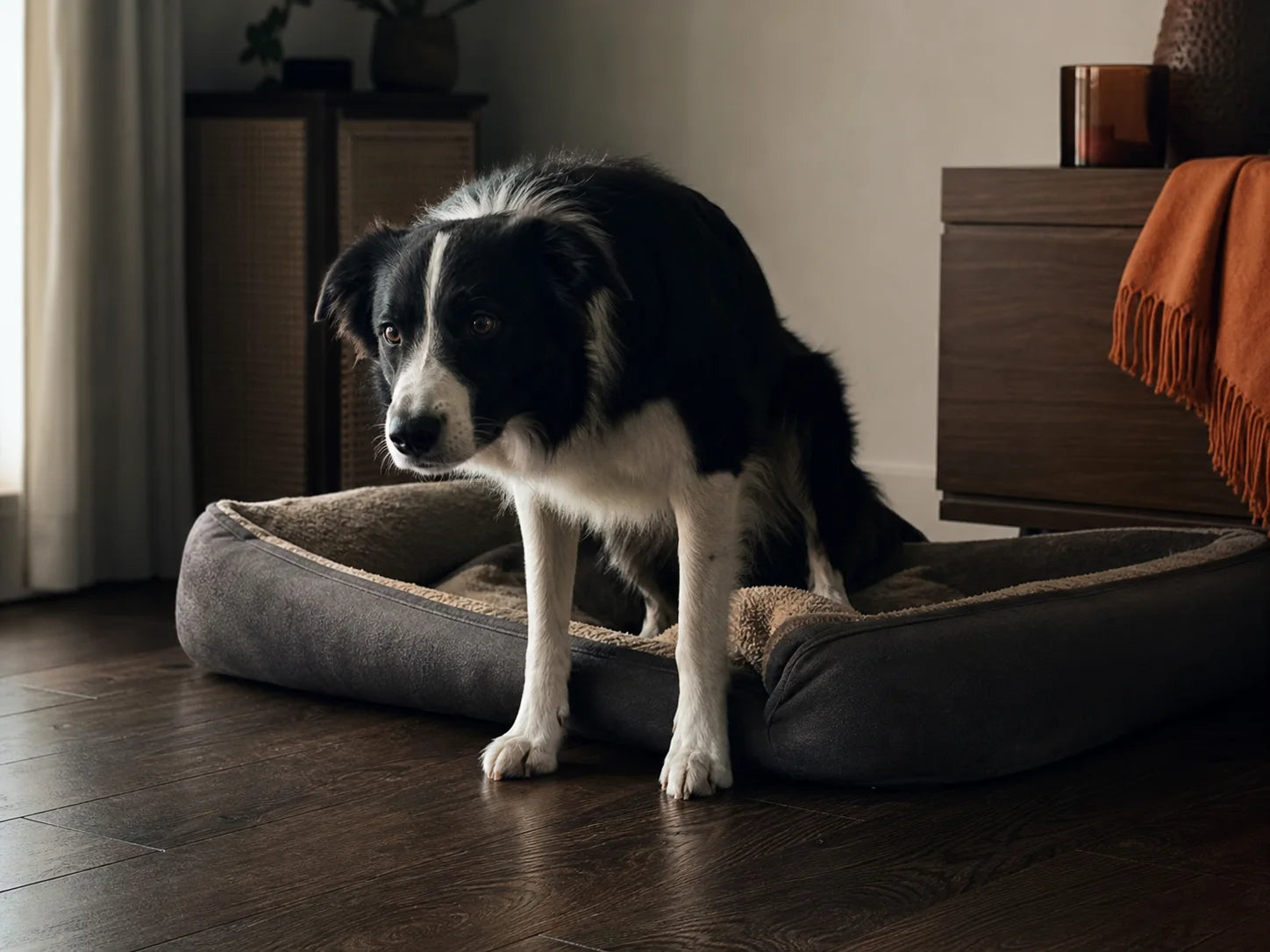 A Border Collie getting up from its bed