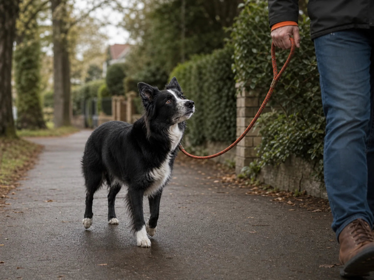 A Border Collie walking slightly behind its owner on a familiar route