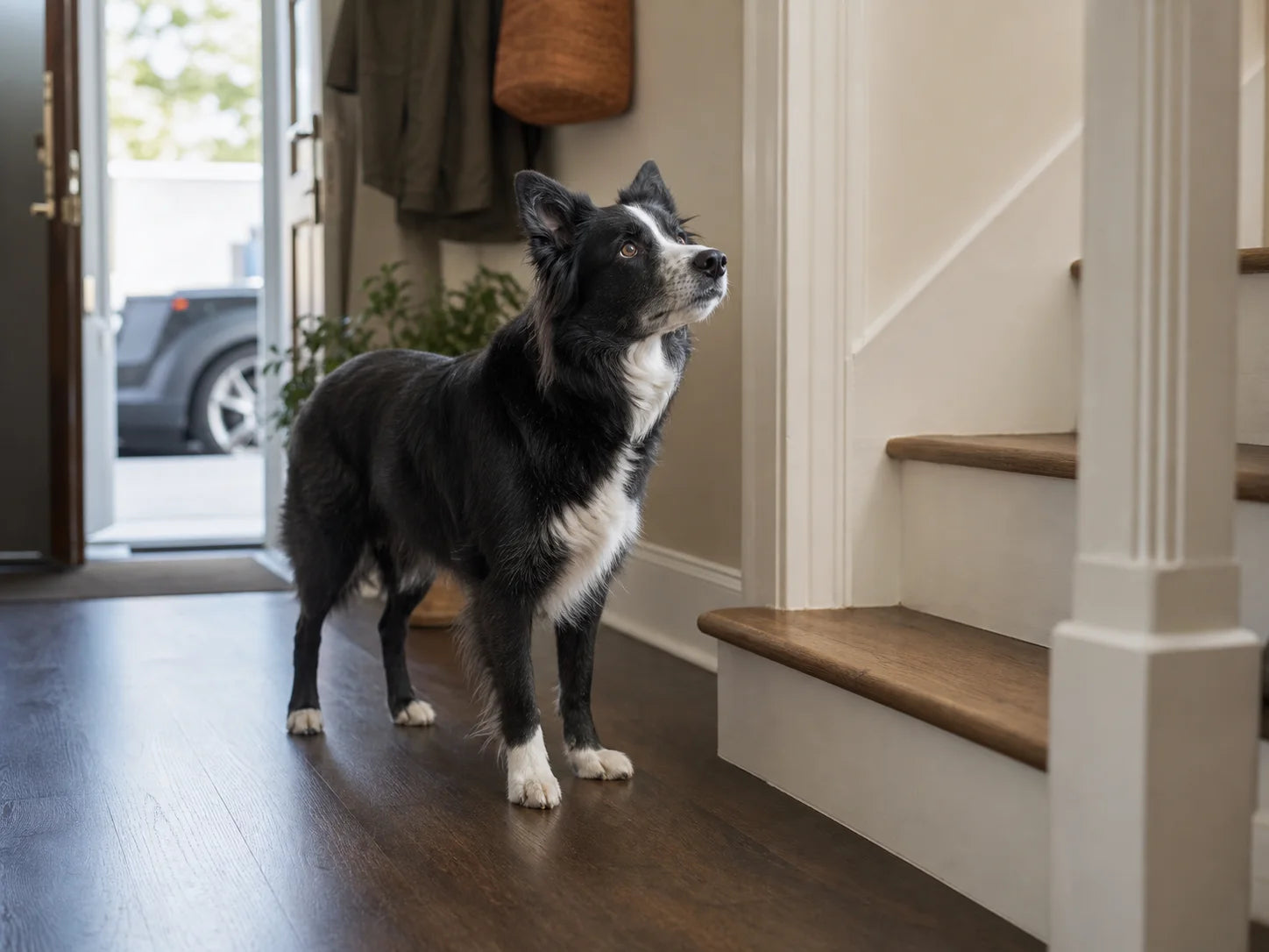 A Border Collie pausing in front of a short staircase